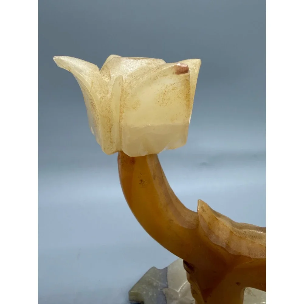 Vintage Onyx Stone Double Tulip Candle Holder Hand Carved Tan Cream 6in Heavy